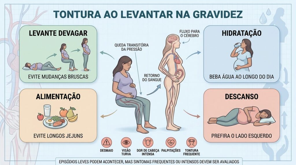 Levantar devagar, hidratar-se, comer regularmente e descansar ajudam a prevenir tonturas na gravidez.