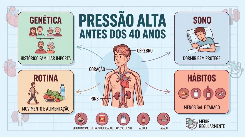 Histórico familiar, sono, alimentação e hábitos influenciam o risco de hipertensão precoce.