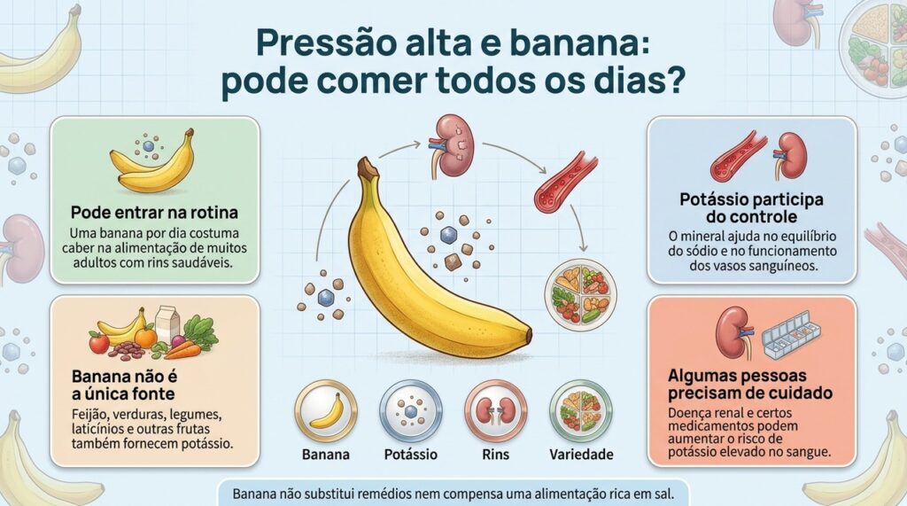 Banana pode ser consumida diariamente por muitas pessoas com hipertensão, mas doença renal e alguns medicamentos exigem atenção ao potássio.