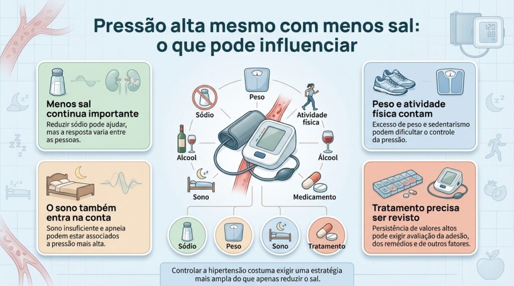 Quando a pressão continua elevada, o controle pode depender de sono, peso, atividade física, álcool, medicamentos e outros fatores além do sal.
