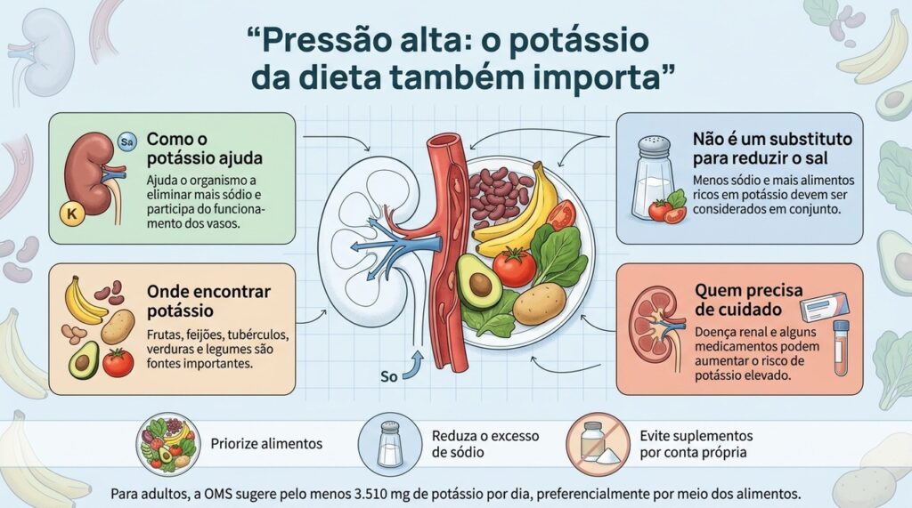 Potássio e sódio atuam em conjunto no equilíbrio da pressão, mas pessoas com doença renal ou uso de certos medicamentos precisam de orientação individualizada.