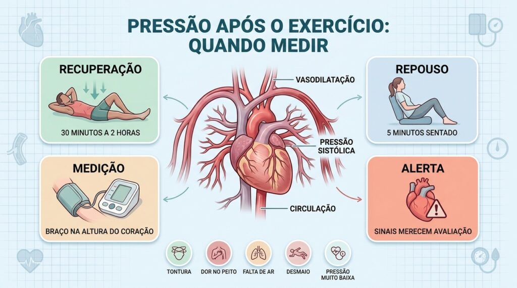Recuperação, repouso, técnica de medição e sinais de alerta orientam a avaliação pós-exercício.