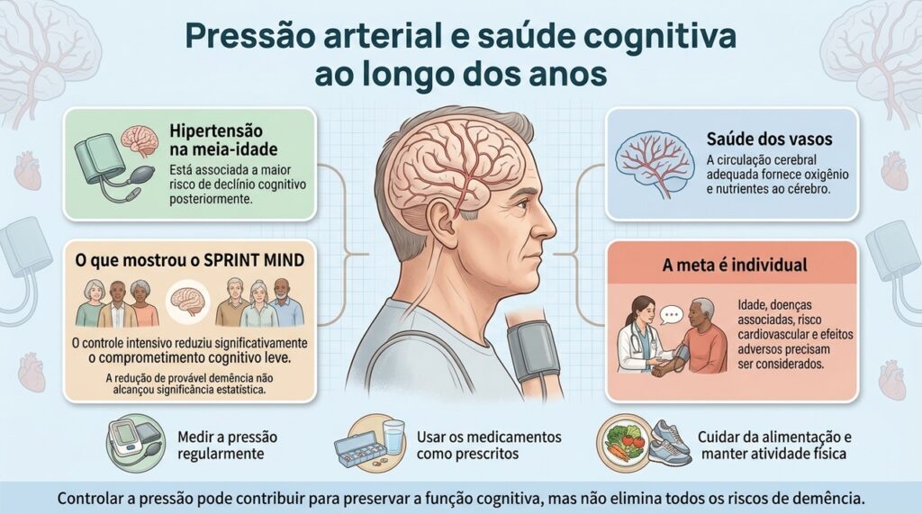 O cuidado vascular pode contribuir para preservar a função cognitiva, sem significar prevenção completa de demência.