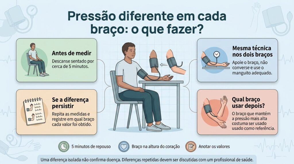Repetir a aferição com técnica adequada ajuda a saber se a diferença entre os braços é apenas ocasional ou persistente.