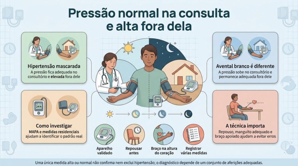 Comparar várias medidas dentro e fora do consultório ajuda a identificar hipertensão mascarada e evitar conclusões baseadas em uma única aferição.