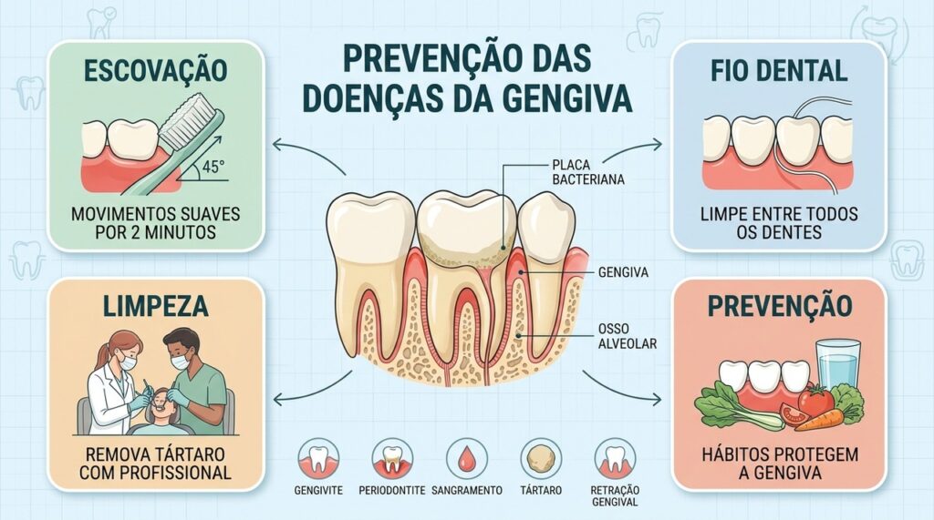 Escovação, fio dental, limpeza profissional e hábitos saudáveis protegem a gengiva.