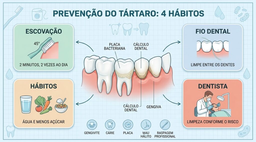 Escovação, fio dental, hábitos saudáveis e acompanhamento odontológico ajudam a prevenir o tártaro.