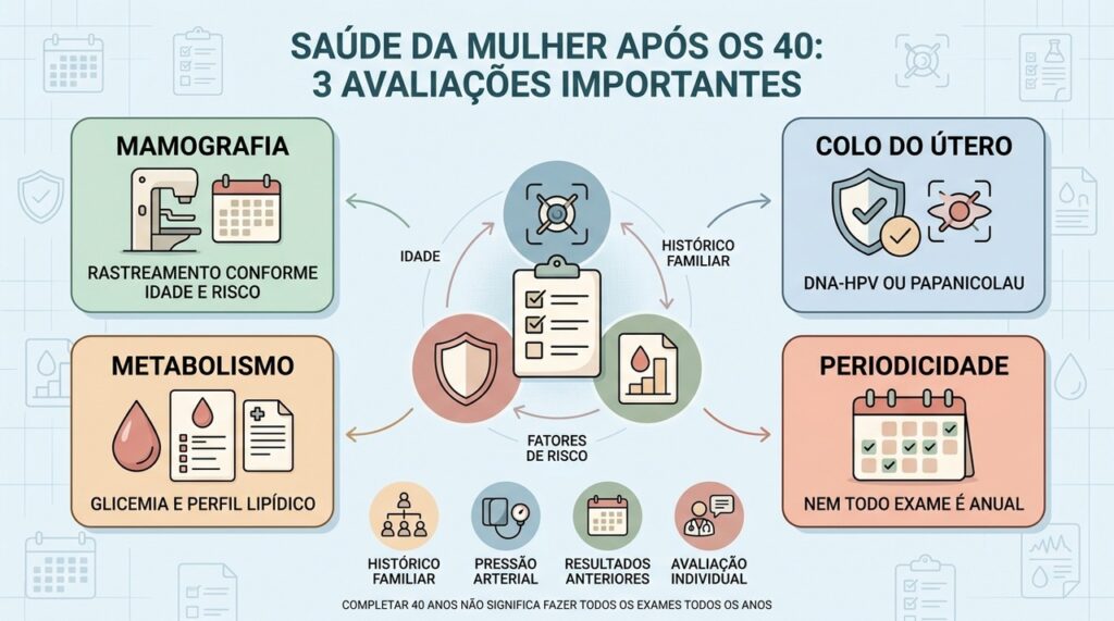 Mamografia, rastreamento do colo do útero e exames metabólicos merecem atenção individualizada.
