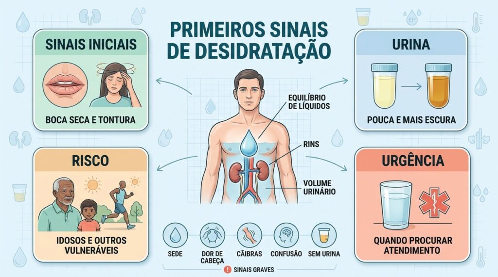 Quatro sinais ajudam a reconhecer a desidratação e identificar quando buscar atendimento médico.