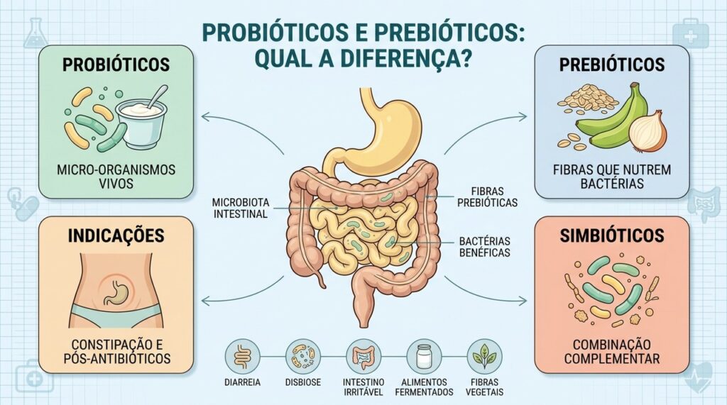 Probióticos introduzem microrganismos, enquanto prebióticos alimentam bactérias benéficas já presentes.