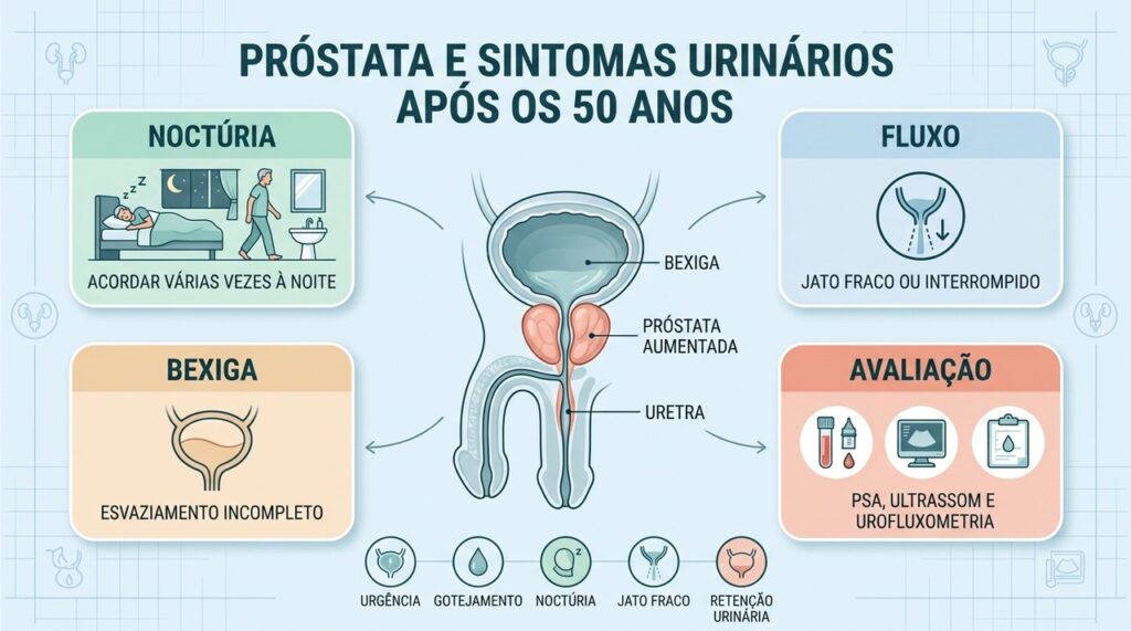 Noctúria, alterações do jato e exames ajudam a investigar a hiperplasia prostática.