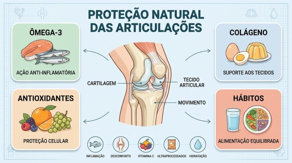 Ômega-3, colágeno, antioxidantes e bons hábitos complementam o cuidado articular diário.