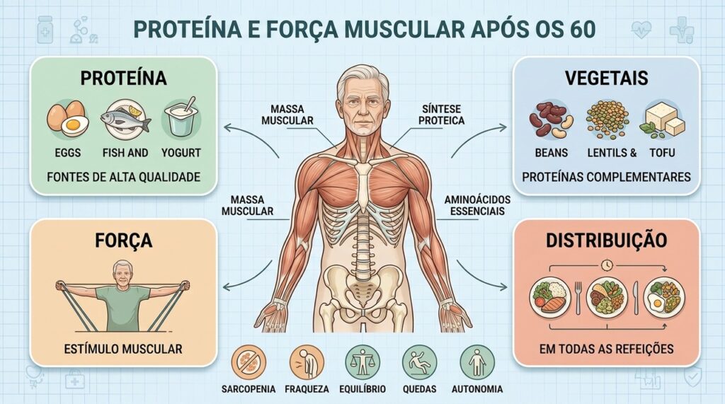 Proteína, força e distribuição das refeições formam pilares contra a perda muscular no envelhecimento.