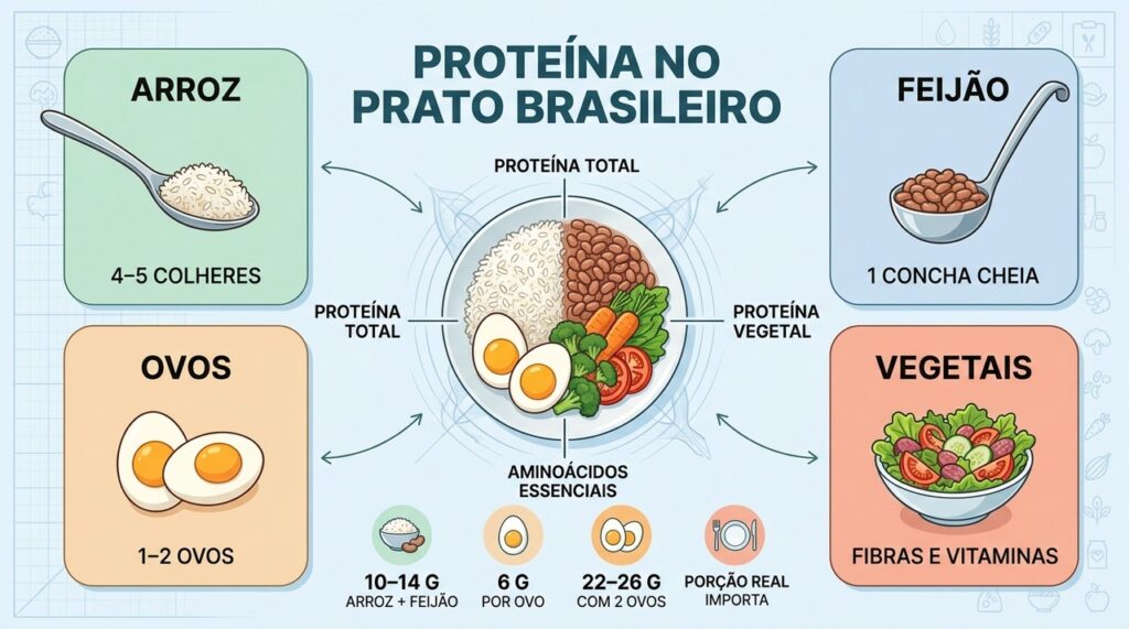 Arroz, feijão, ovos e vegetais formam uma estratégia prática para aumentar proteínas.