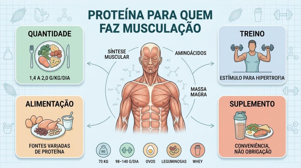 Treino, alimentação e quantidade adequada de proteína sustentam ganhos musculares de forma equilibrada.