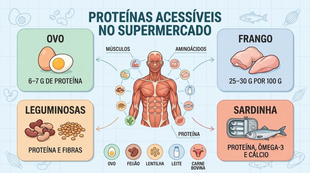 Ovo, frango, leguminosas e sardinha oferecem proteína e nutrientes por preços acessíveis.