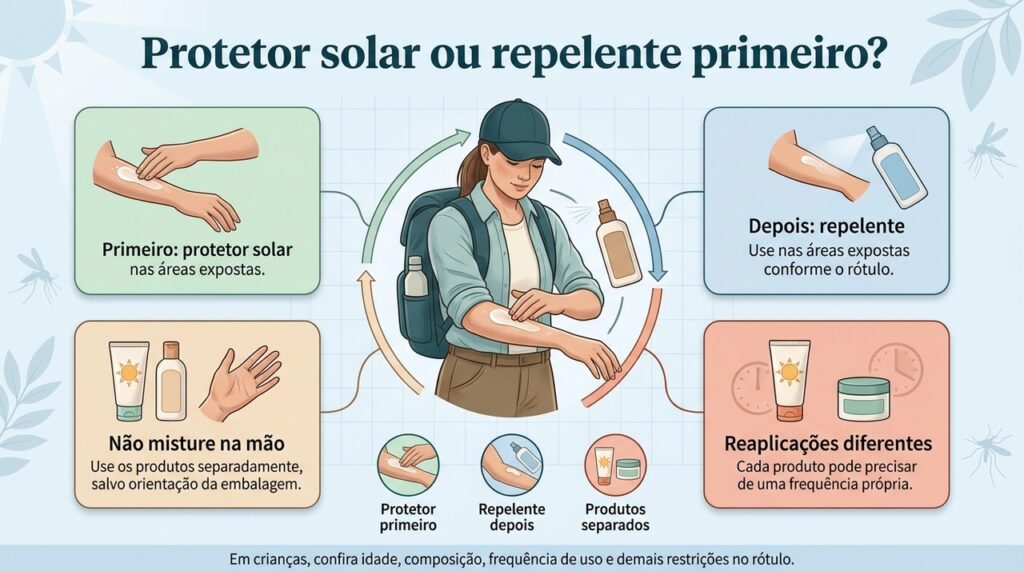 A sequência recomendada é protetor solar primeiro e repelente depois, sempre respeitando as instruções de cada produto.