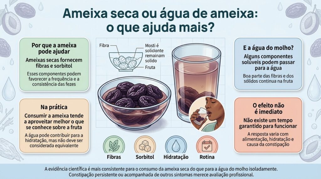 A ameixa seca reúne fibras e sorbitol, enquanto a água do molho não tem efeito equivalente comprovado.