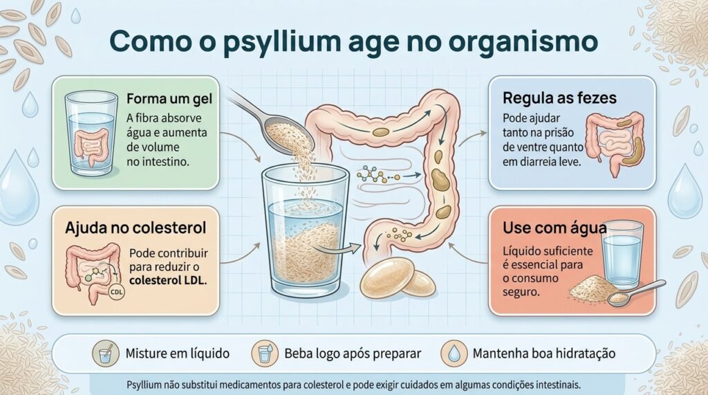 O gel formado pelo psyllium ajuda a explicar seus efeitos sobre o intestino e sua contribuição para o controle do colesterol.