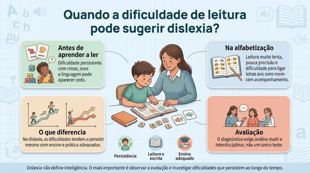Persistência, intensidade e resposta ao ensino ajudam a diferenciar sinais de dislexia de dificuldades comuns da alfabetização.