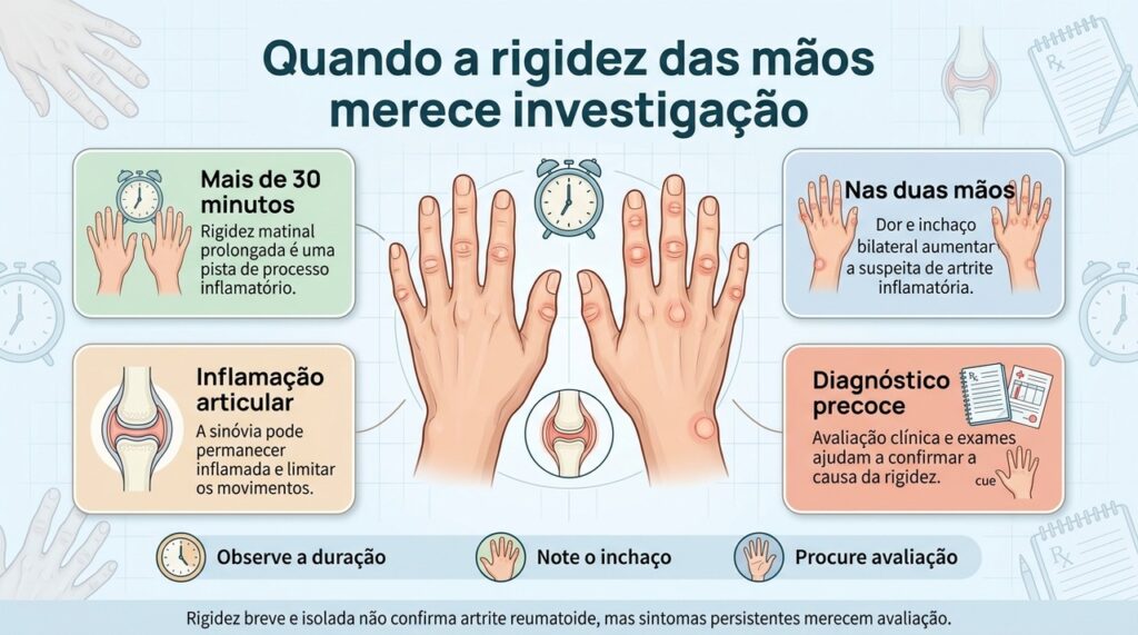 Rigidez matinal persistente, inchaço e dor em pequenas articulações das duas mãos justificam investigação para artrite reumatoide.