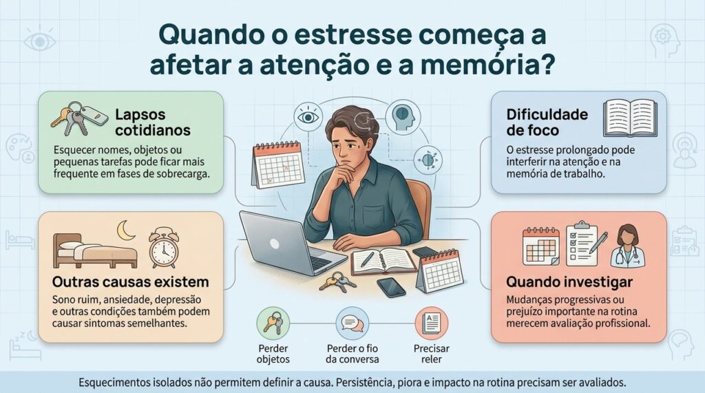 Estresse prolongado pode afetar atenção e memória, mas sintomas persistentes também podem ter outras causas.