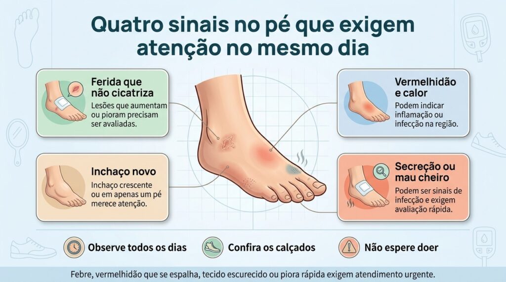 Ferida persistente, vermelhidão com calor, inchaço e sinais de infecção no pé diabético pedem avaliação no mesmo dia.
