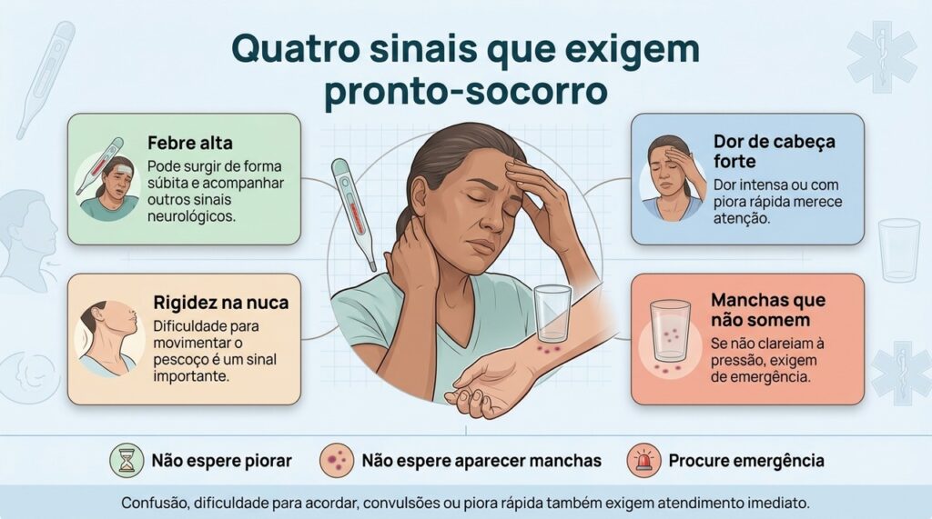 Na suspeita de meningite, a combinação de sintomas e a piora rápida são motivos para procurar atendimento de emergência sem demora.