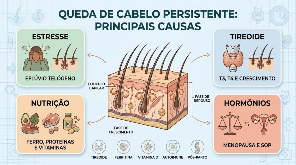 Estresse, tireoide, deficiências nutricionais e hormônios podem interferir no ciclo de crescimento capilar.