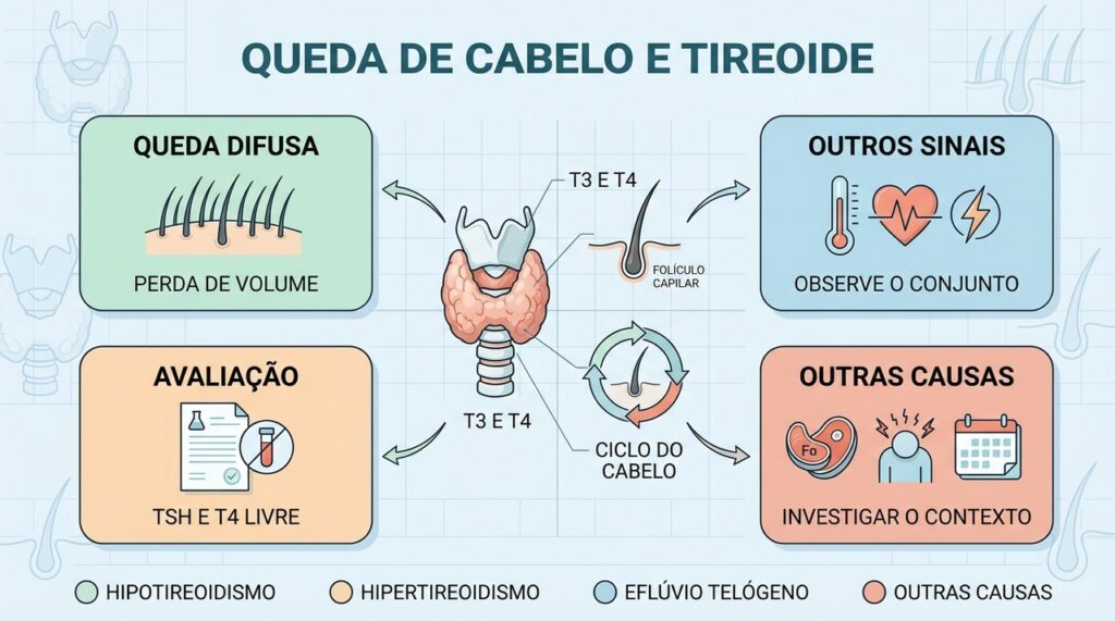 Tireoide, ciclo capilar e sintomas associados ajudam a orientar a investigação da queda.