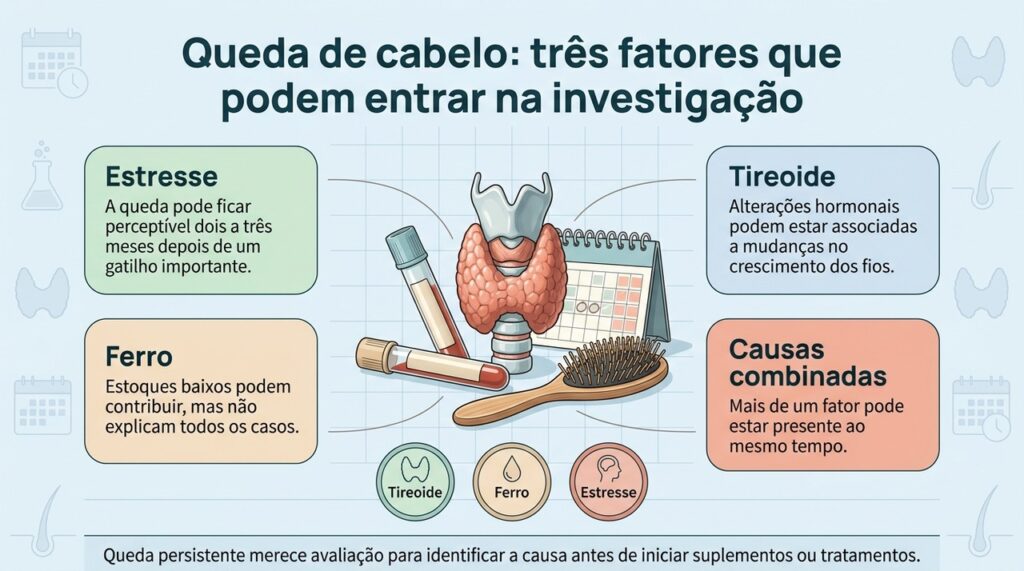 Investigar o padrão da queda e possíveis alterações hormonais, nutricionais e emocionais ajuda a direcionar a causa.