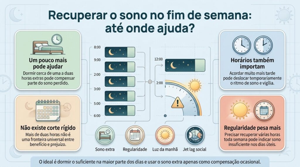 Dormir um pouco mais pode ajudar a recuperar parte do sono perdido, mas manter horários relativamente regulares também é importante.