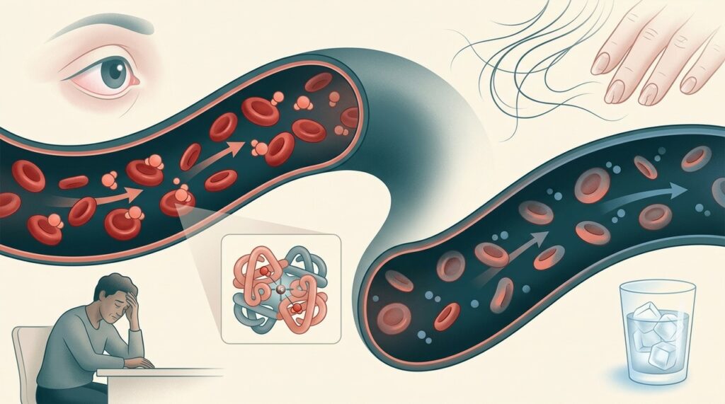 O ferro participa da formação da hemoglobina, por isso sua deficiência pode repercutir na energia e em diferentes tecidos do corpo.