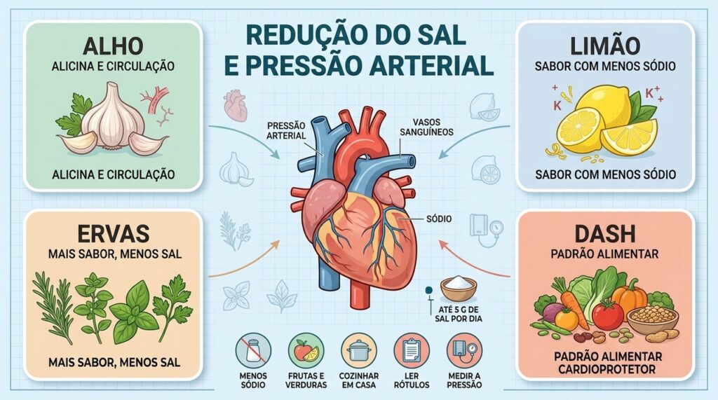 DASH, menos sódio e temperos naturais formam pilares importantes do controle da pressão arterial.