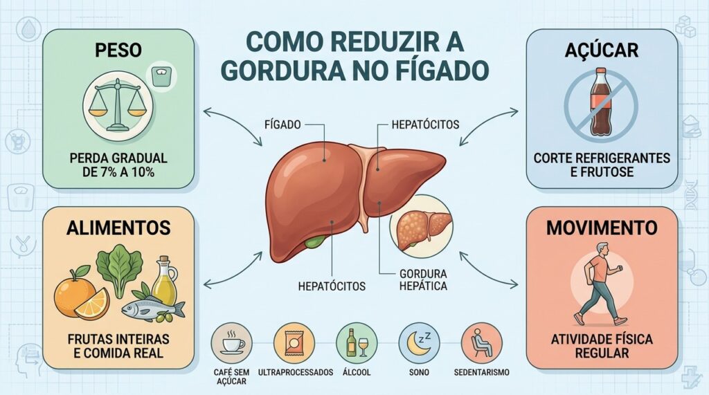 Peso, alimentação, movimento e sono ajudam a reduzir fatores ligados à gordura hepática.
