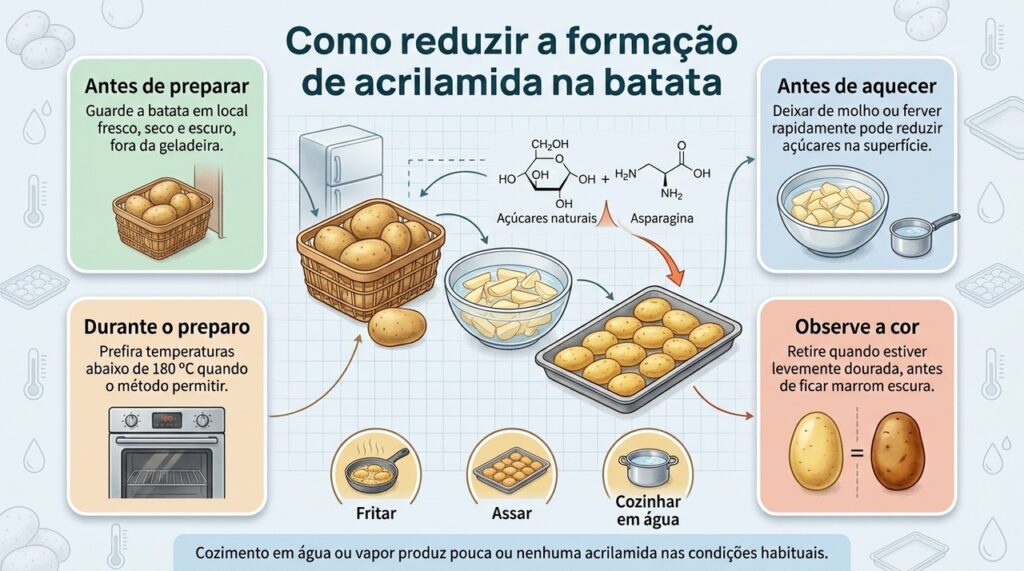 Armazenamento, temperatura e grau de escurecimento influenciam a formação de acrilamida durante o preparo da batata.