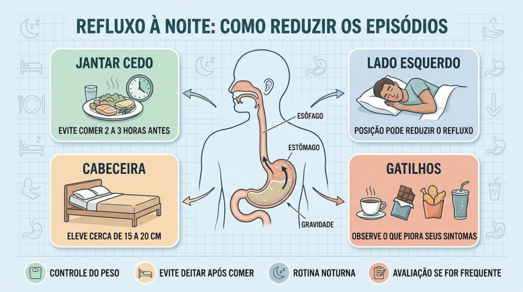 Jantar cedo, lado esquerdo, cabeceira elevada e gatilhos controlados ajudam no refluxo noturno.