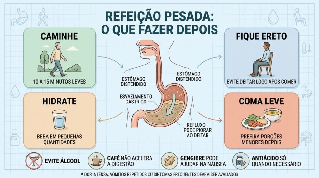Caminhada leve, postura ereta, hidratação e refeições menores ajudam no desconforto.