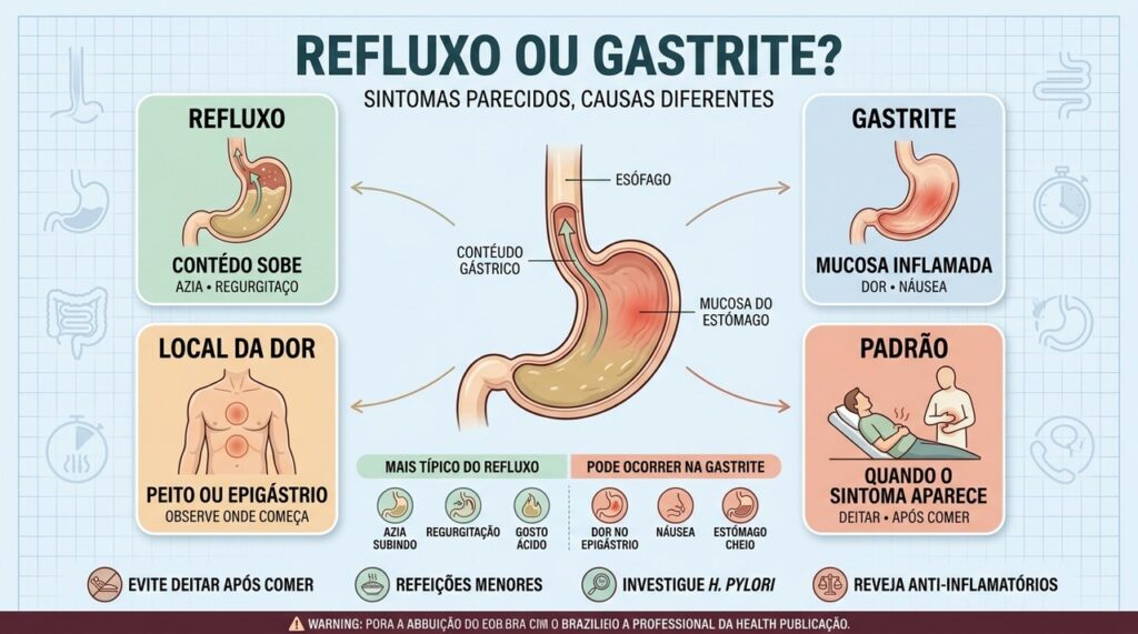 Refluxo afeta o esôfago; gastrite envolve inflamação da mucosa do estômago.