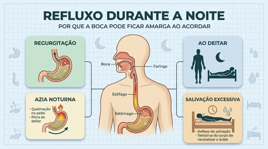 Regurgitação, posição deitada e menor limpeza esofágica favorecem sintomas noturnos.