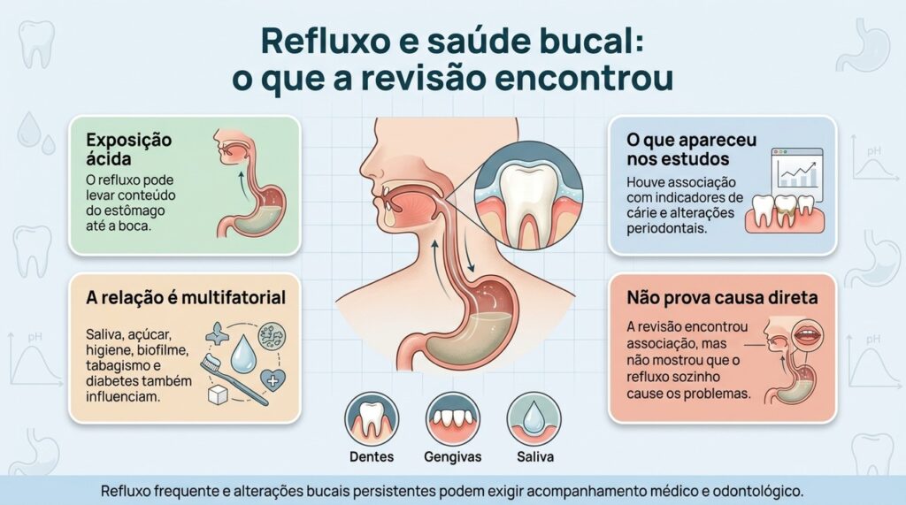 A revisão encontrou associação entre refluxo e indicadores de pior saúde bucal, sem demonstrar causa direta.