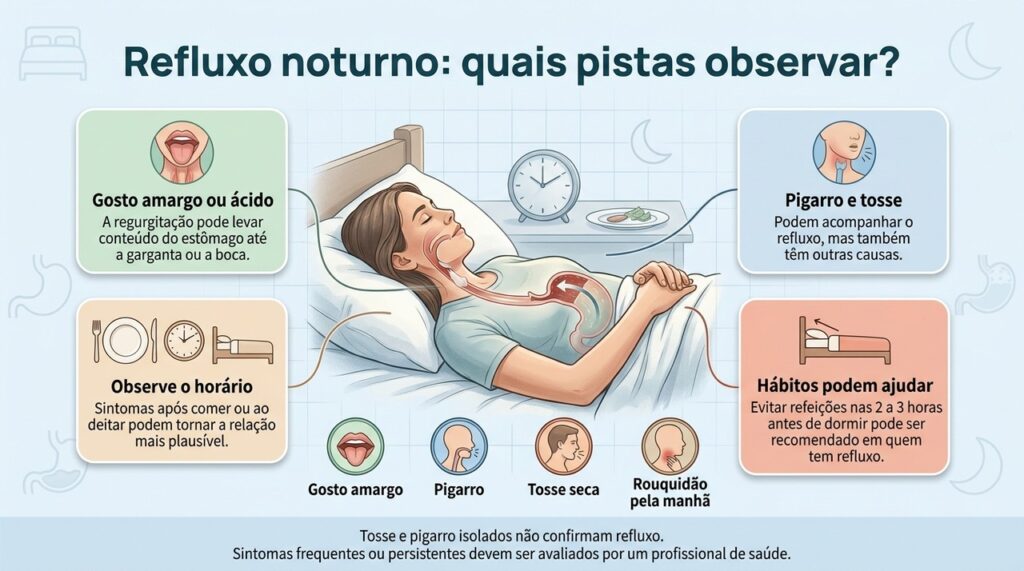 O padrão dos sintomas em relação às refeições e ao sono pode ajudar na investigação do refluxo noturno.