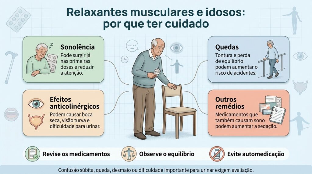 Em pessoas com 65 anos ou mais, o risco de sedação, confusão e quedas deve ser considerado antes do uso de relaxantes musculares.