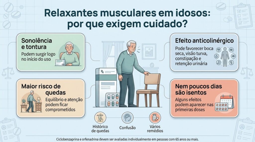 Em idosos, ciclobenzaprina e orfenadrina exigem avaliação cuidadosa dos riscos, benefícios e outros medicamentos em uso.
