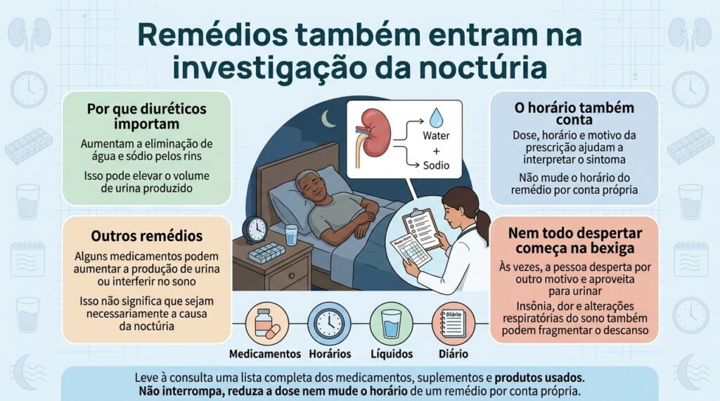 Rever medicamentos, horários e hábitos ajuda a entender melhor por que a pessoa está acordando à noite para urinar.
