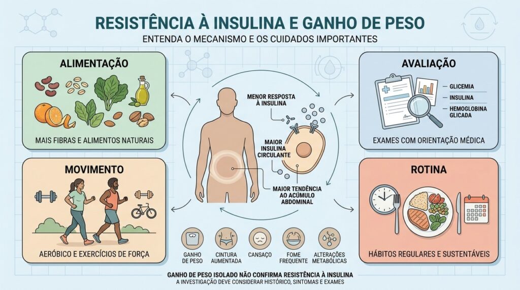 Resistência à insulina pode favorecer gordura visceral antes de alterações evidentes na glicemia.