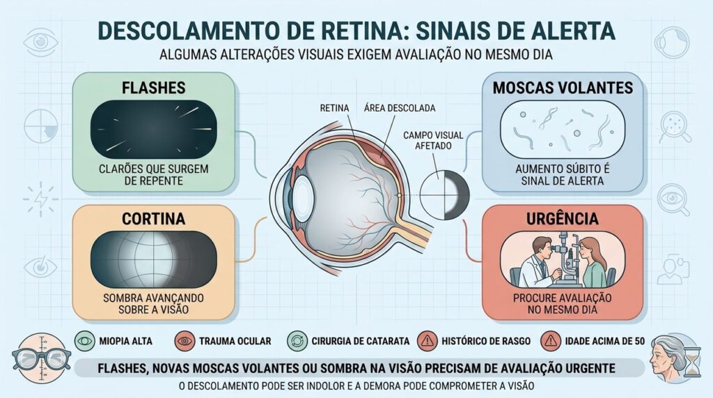 Flashes, moscas volantes e sombra no campo visual são sinais de alerta.