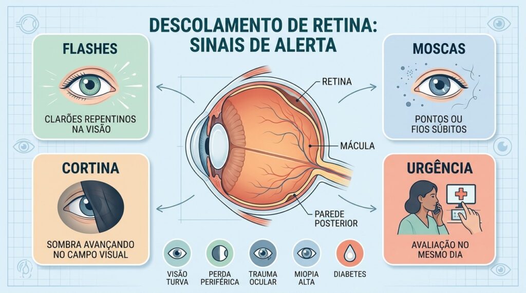 Flashes, moscas volantes e sombras podem sinalizar descolamento e exigem avaliação rápida.