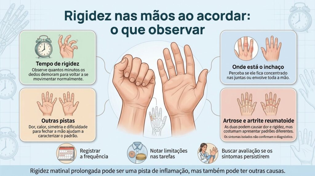 Duração da rigidez, localização do inchaço e outros sintomas ajudam a diferenciar possíveis causas.