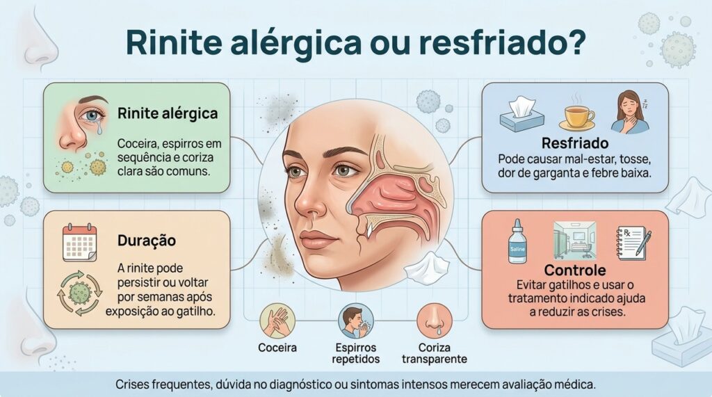 Coceira, espirros repetidos e sintomas ligados a gatilhos favorecem a suspeita de rinite, enquanto o resfriado costuma ser passageiro.